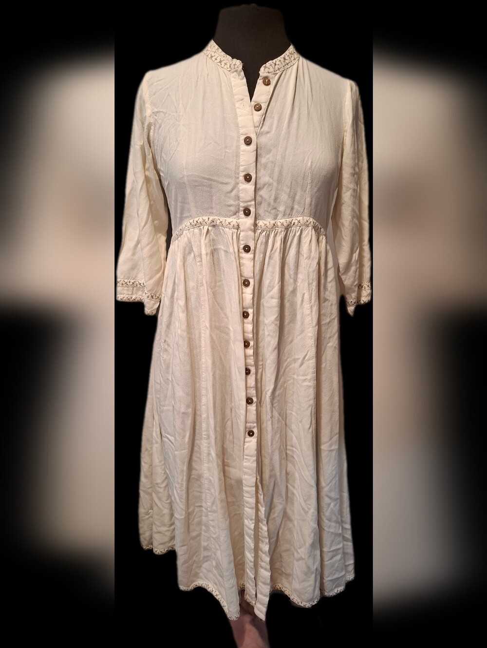 Women’s Cream Button-Front Boho Midi Dress